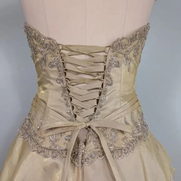 Princess Prom Dress Maxi Ball Gown 10 Yellow Fairy Y2K Beaded Glam Belle Lace